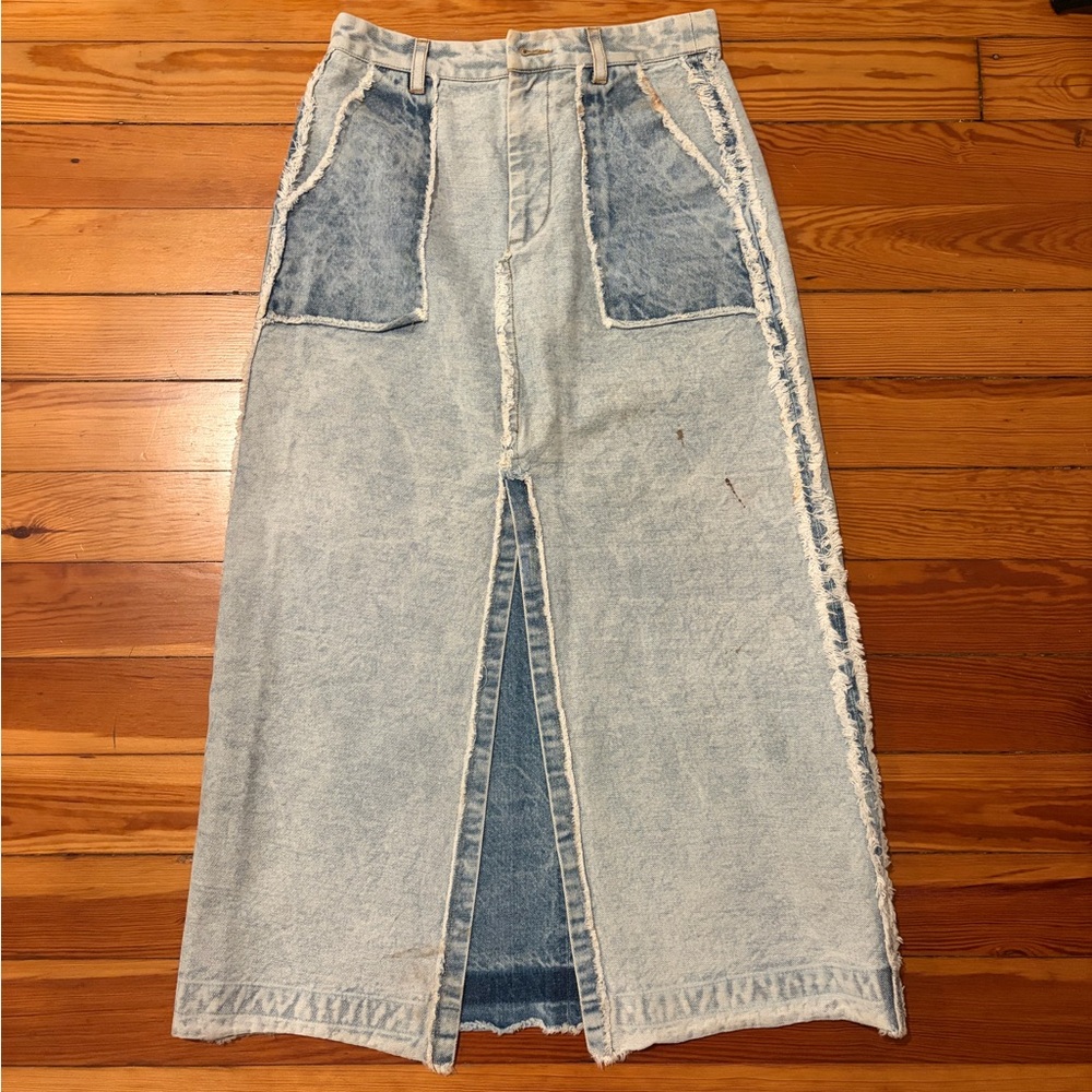 Sea New York Light Blue Two-Tone Denim Maxi Skirt with Front Slit